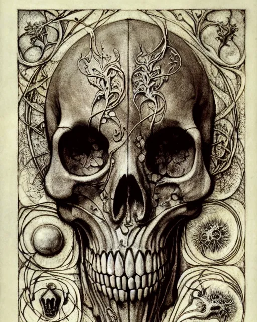 Image similar to memento mori by arthur rackham, art forms of nature by ernst haeckel, exquisitely detailed, art nouveau, gothic, ornately carved beautiful skull dominant, intricately carved antique bone, art nouveau botanicals, ornamental bone carvings, art forms of nature by ernst haeckel, horizontal symmetry, arthur rackham, ernst haeckel, symbolist, visionary