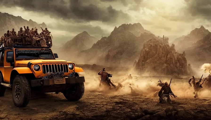 Image similar to Mahindra thar, tribe members attacking, furious action scene, Chase, an epic fantasy, dramatic lighting, cinematic, establishing shot, extremely high detail, photorealistic, cinematic lighting, artstation, by christopher nolan, horizon forbidden west