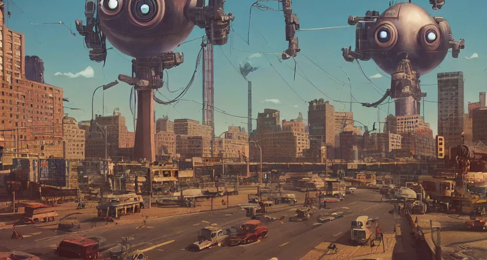 Image similar to A 1950s city scene with a giant Mecha EYEBALL looming overhead, rendered by simon stålenhag, rendered by Beeple, Makoto Shinkai, syd meade, environment concept, digital art, unreal engine, 3 point perspective, WLOP, trending on artstation, low level, 4K UHD image, octane render,