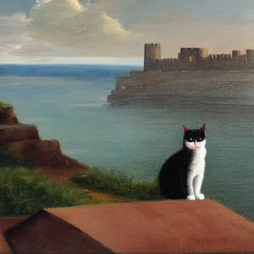 Image similar to the cat is sitting on the roof and looking at the bay and the fortress, oil painting