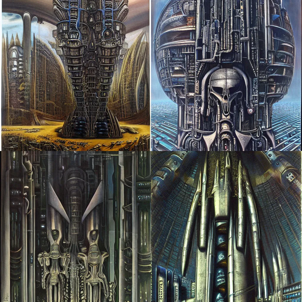 Prompt: A utopian arcology by H. R. Giger, oil on canvas