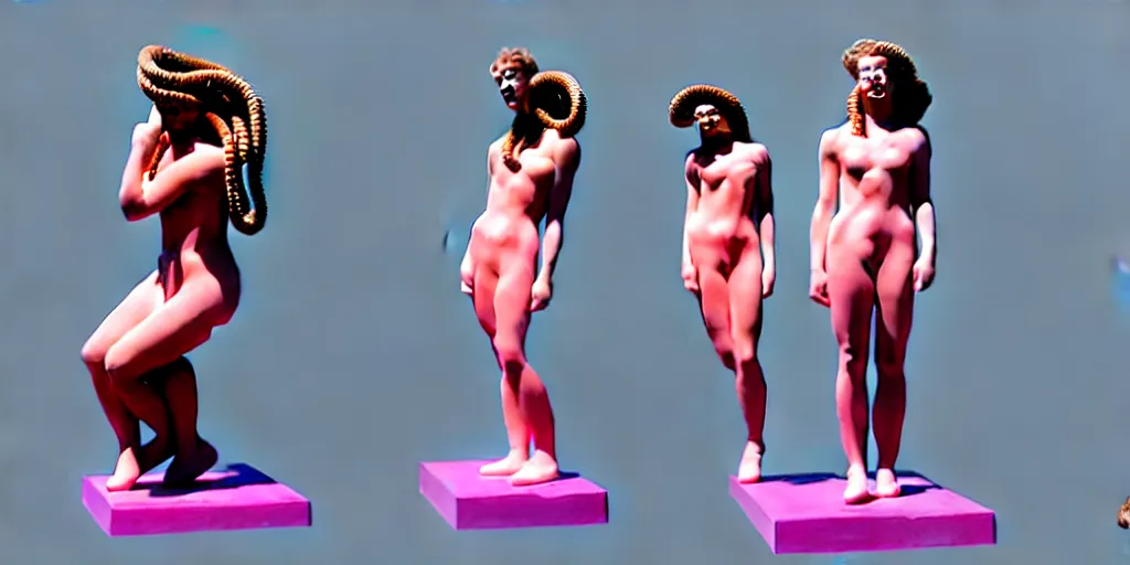 Image similar to modern sculpture, young woman as medusa as miranda sings, multiple poses, vaporwave, low resolution video from 2 0 0 3