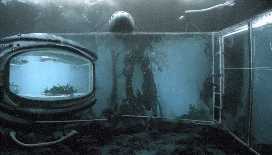 Prompt: Big budget horror movie, a submarine approaches an underwater biolab, deep in the ocean, dark and gloomy
