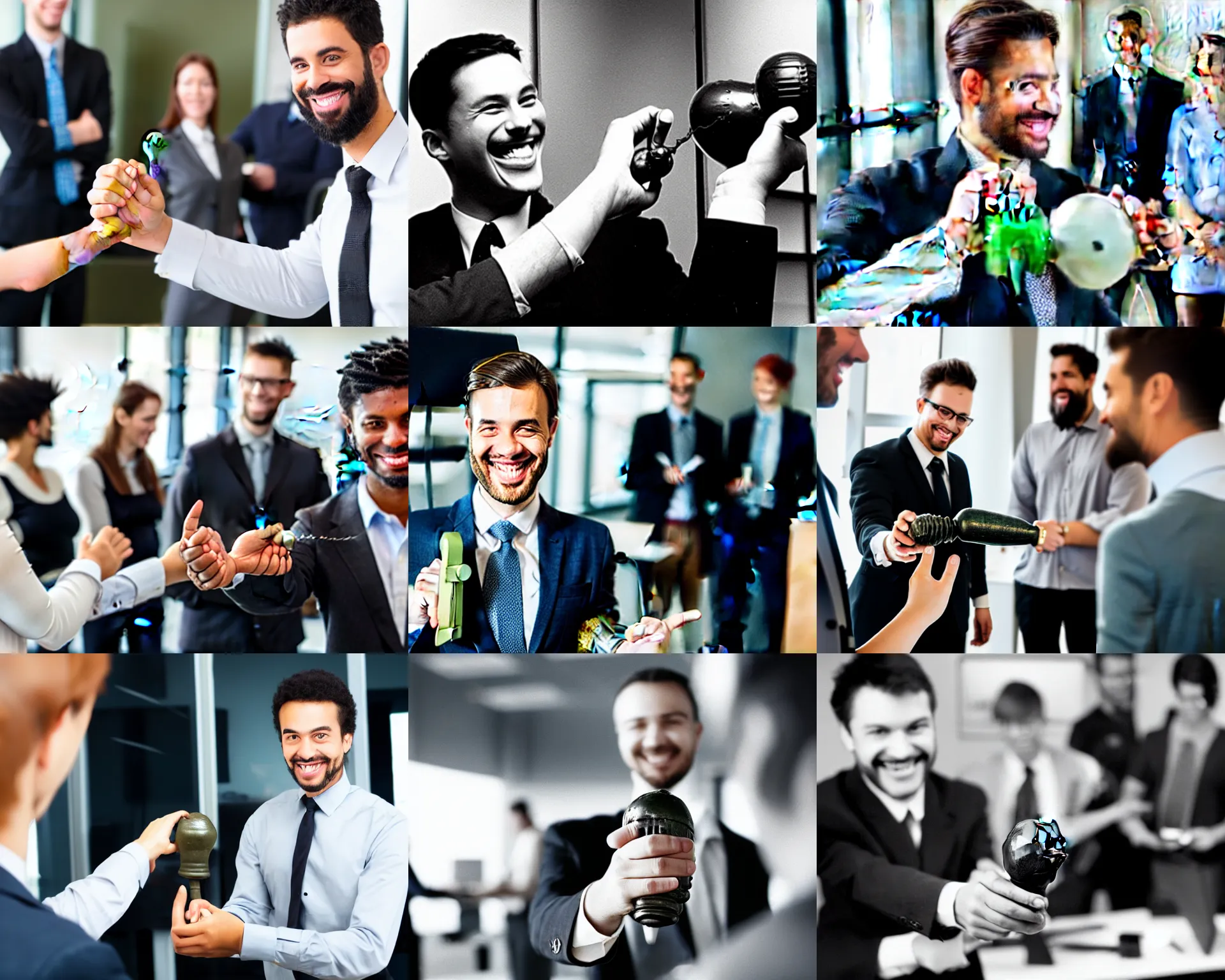 Prompt: photograph of an office worker smiling and holding a hand grenade at work, his coworkers are staring at him in fear