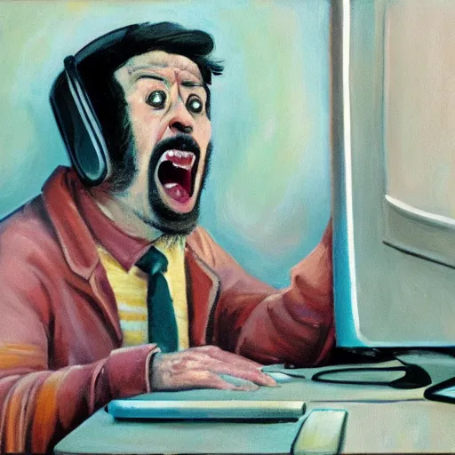 Image similar to an angry man screams at his computer monitor, oil on canvas, 1 9 6 7, highly detailed