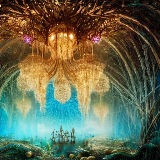 Image similar to under an intricate like jewels epic forest suspended in the air upside down, a pool with intricate and surreal epic circles of water within which float phantasmagoric robotic humanoids, dressed in intricate veils and jewels, epic environment, matte painting, diffused lighting, highly detailed, cinematic, epic atmosphere, digital art, trending on artstation, depth of field, wide angle