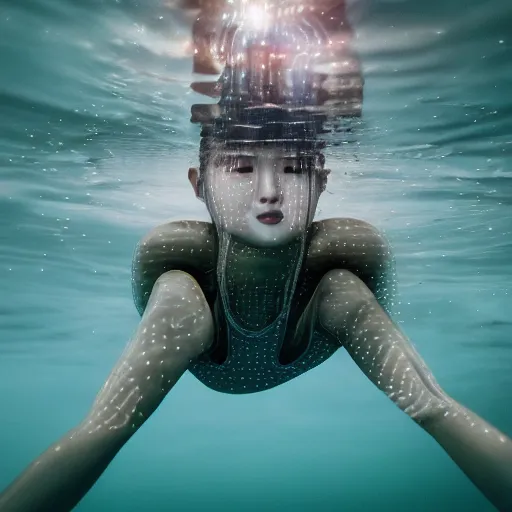 Image similar to beautiful centered fine art photo portrait of hoyeon jung as a solarpunk robotic humanoid treading above water, white mechanical parts with led lights, ultra - detailed and intricate, white background, sun lighting, soft focus, slow exposure hdr 8 k