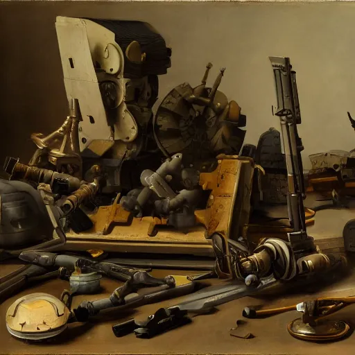 Image similar to Still life of a combat mech surrounded by its weapons, inspired by Pieter Claesz