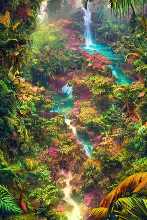 Image similar to aerial view of a colorful jungle with rivers and waterfalls, by artgerm, tom bagshaw, gerald brom, vaporwave colors, lo - fi colors, vaporwave, lo - fi, moody vibe, goth vibe, full body, rendered by substance designer, cel shading, toon shading, smooth,