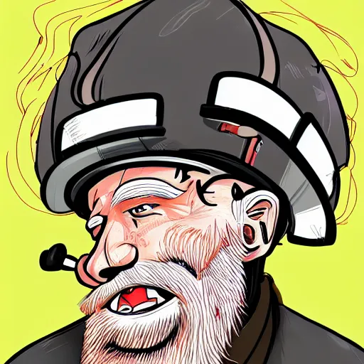 Prompt: An old man with a ginger beard, wearing a fire fighters helmet, highly detailed, digital art, sharp focus, trending on art station, anime art style