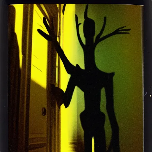 Image similar to color Polaroid of an extremely tall creature in a hallway with long limbs and yellow energy