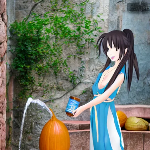 Image similar to anime girl in a greek attire pouring water out of a gourd into a fountain, spanish alleyway