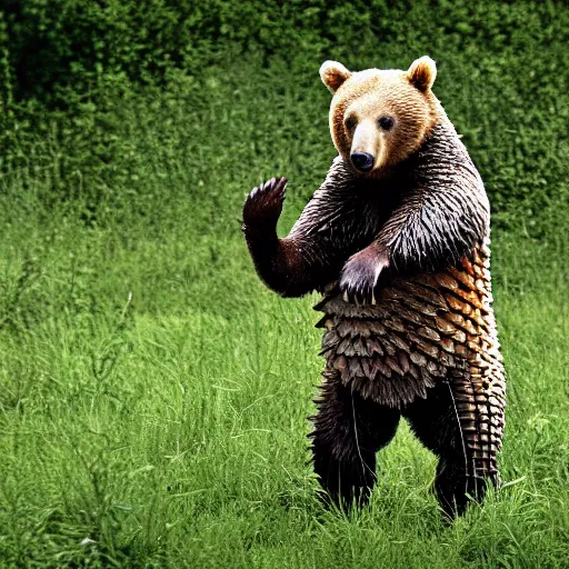 Image similar to a Bear with the armor of a pangolin, national geographic photograph