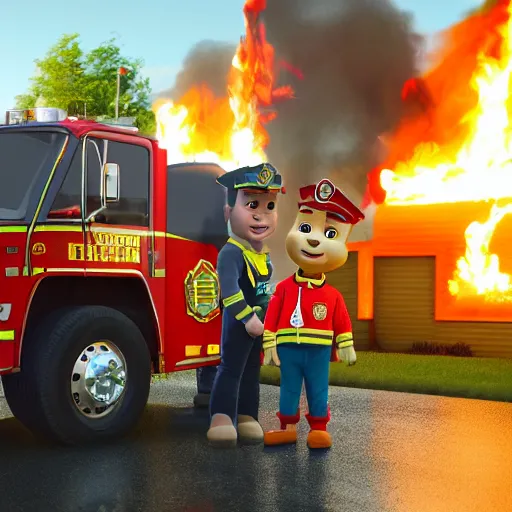 Prompt: marshall standing next to his fire truck holding a water hose in his hands to extinguish the burning paw patrol base in front of him, movie poster, 8 k, trending on artstation, octane render, volumetric smoke and shadows, realistic lighting
