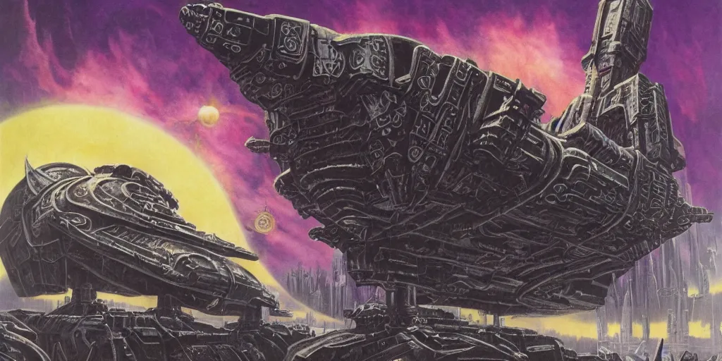 Prompt: an eldritch brutalist gothic airbrush painting of a voidpunk starship ready for battle, illustrated by hg wells, warhammer 4 0 k, lisa frank, josh kirby imperium of man juggernaut, sci - fi and cyberpunk, clean linework, obsidian hull, technological, artificial bejeweled and gilded