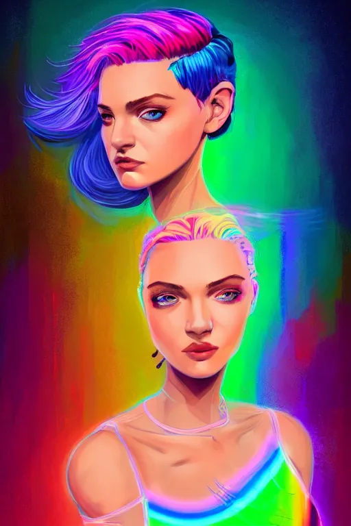 Image similar to a award winning portrait of a beautiful woman with stunning eyes in a one off shoulder croptop and cargo pants with rainbow colored hair, outlined by whirling illuminated neon lines and fine lines swirling in circles by rhads, digital art, trending on artstation