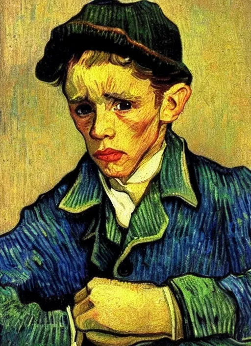 Image similar to lifelike oil painting portrait of oliver twist by van gogh