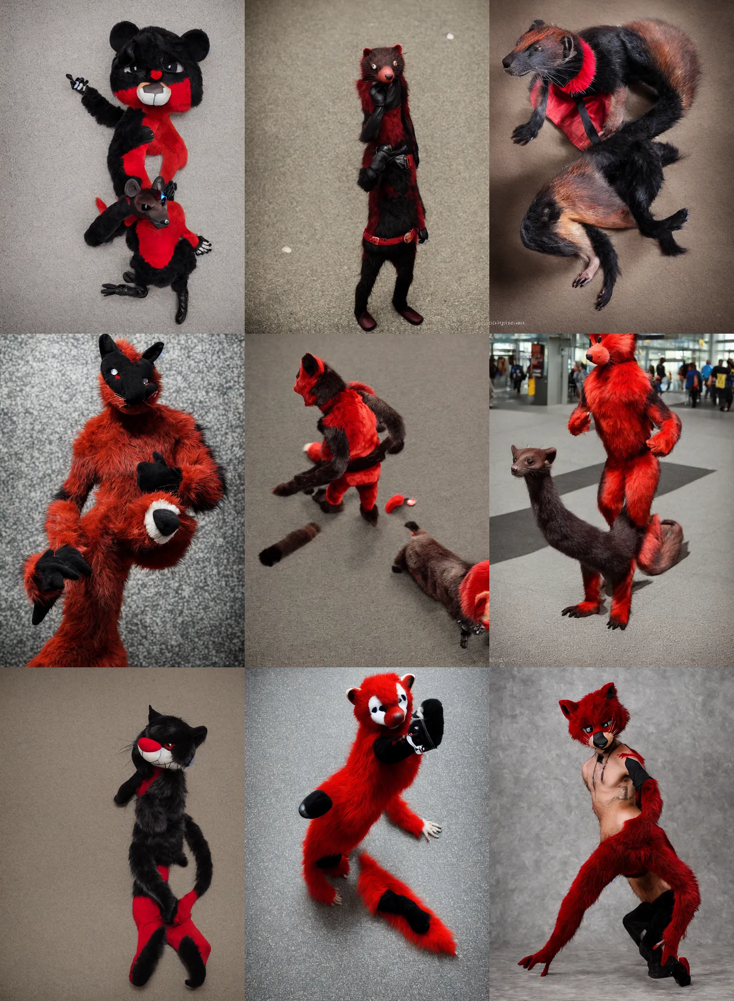 Image similar to fullbody photoshoot photo portrait of a roguish male red - black furred weasel furry fursuiter ( tail attached ), taken at anthrocon ( furry convention )