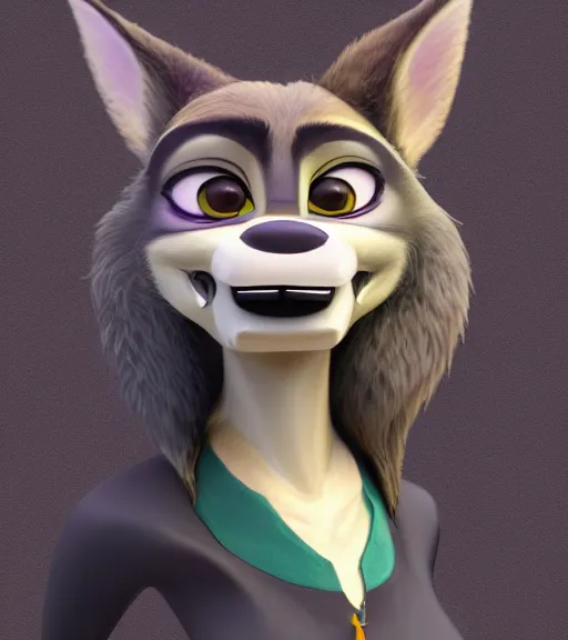 Prompt: painting bust of anthromorphic female wolf, in style of zootopia, zootopia, zootopia, fursona, furry, furaffinity, 4 k, deviantart, furry art, fursona art, wearing black business suit, business suit, in style of zootopia, wolf fursona, cyberpunk, female, expressive detailed feminine face,