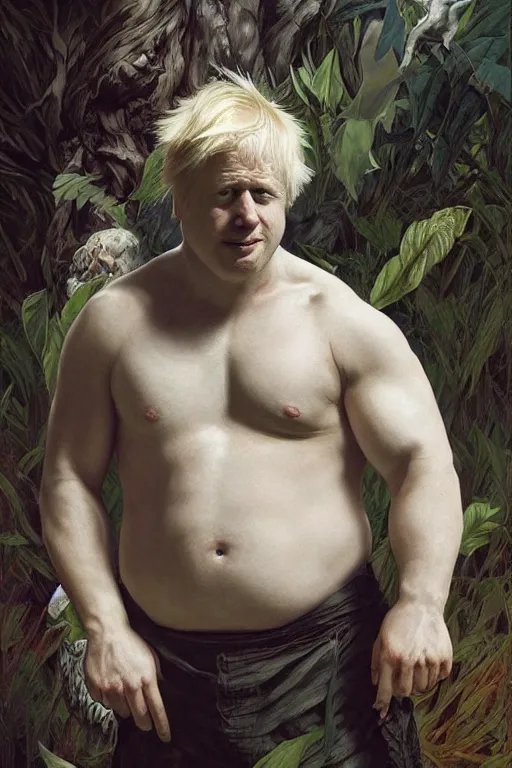 Image similar to portrait of boris johnson as a very pale hulking herculean demon, big pot belly, forest, godlike, full body, fantasy, intricate, elegant, highly detailed, digital painting, artstation, concept art, sharp focus, illustration, art by artgerm and greg rutkowski and alphonse mucha