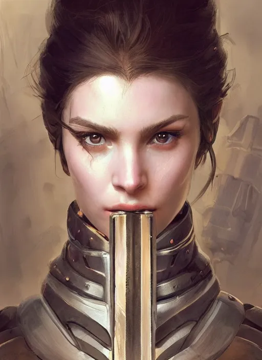 Image similar to a professional painting of a beautiful young female, clothed in military armor, olive skin, long dark hair, beautiful bone structure, symmetrical facial features, intricate, elegant, digital painting, concept art, smooth, sharp focus, illustration, from Metal Gear, by Ruan Jia and Mandy Jurgens and Artgerm and William-Adolphe Bouguerea