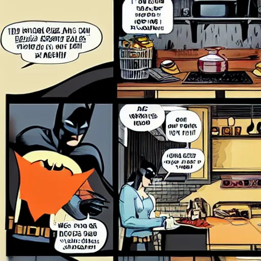 Image similar to batman cooking with a wok pan in a cozy french kitchen, comic book style