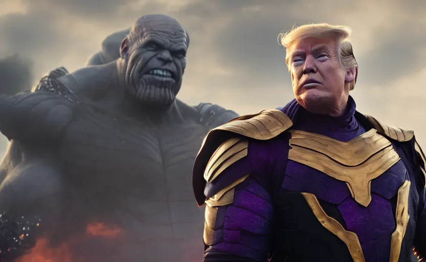 Image similar to donald trump wearing thanos armour, hd, 4 k photo