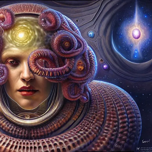 Prompt: uhd photorealistic cosmic lovecraftian gorgon in space. amazing detail, correct face, symmetrical face, by karol bak and zawadzki, hyperdetailed. intricate details with studio lighting.