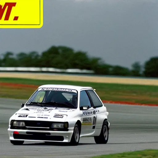 Prompt: a 1 9 9 2 ford escort rs cosworth driving on a race track