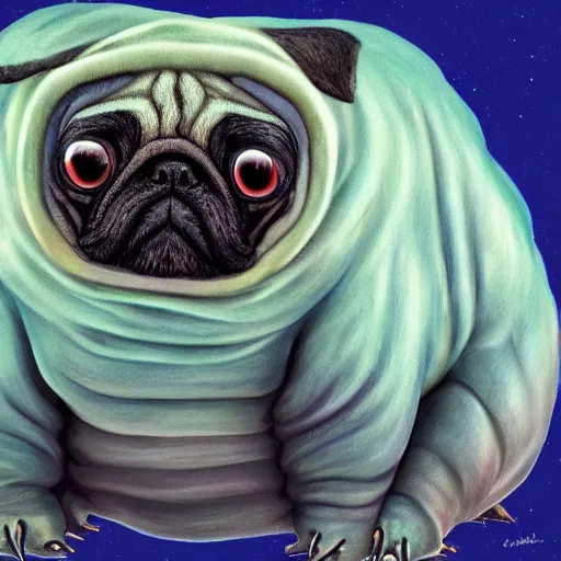 Image similar to A tardigrade with the eyes and mouth of a pug, national geographic-file-photograph, paywall-content, premium-award-winning, trending on artstation