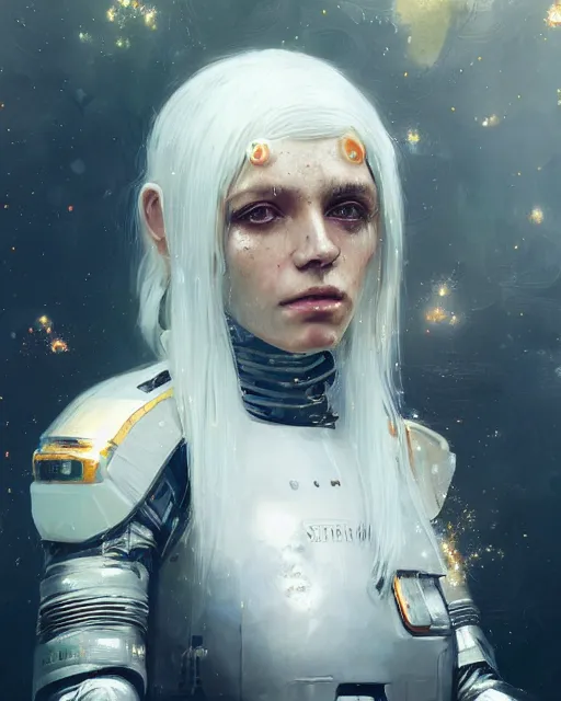 Image similar to detailed portrait white haired girl, solarpunk futuristic utopia, scifi astronaut suit, android parts, decorated with golden ornaments by Ismail inceoglu dragan bibin hans thoma greg rutkowski Alexandros Pyromallis Nekro Rene Maritte Illustrated, Perfect face, fine details, realistic shaded, fine-face, pretty face