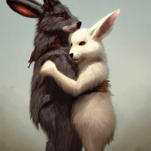 Image similar to A beautiful painting of an anthropomorphic wolf and rabbit hugging, artstation trending, greg rutkowski