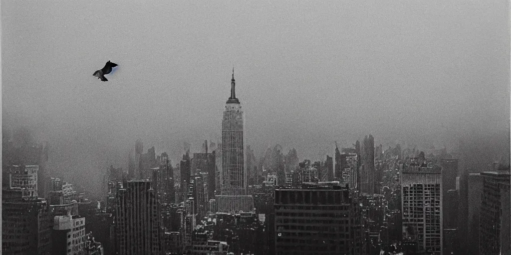 Image similar to detailed medium format photo, polaroid still from tarkovsky movie, giant pigeon sitting on a newy york building rooftop, haze, high production value, intricate details, 8 k resolution, hyperrealistic, hdr, photorealistic, high definition, tehnicolor, award - winning photography, masterpiece, amazing colors