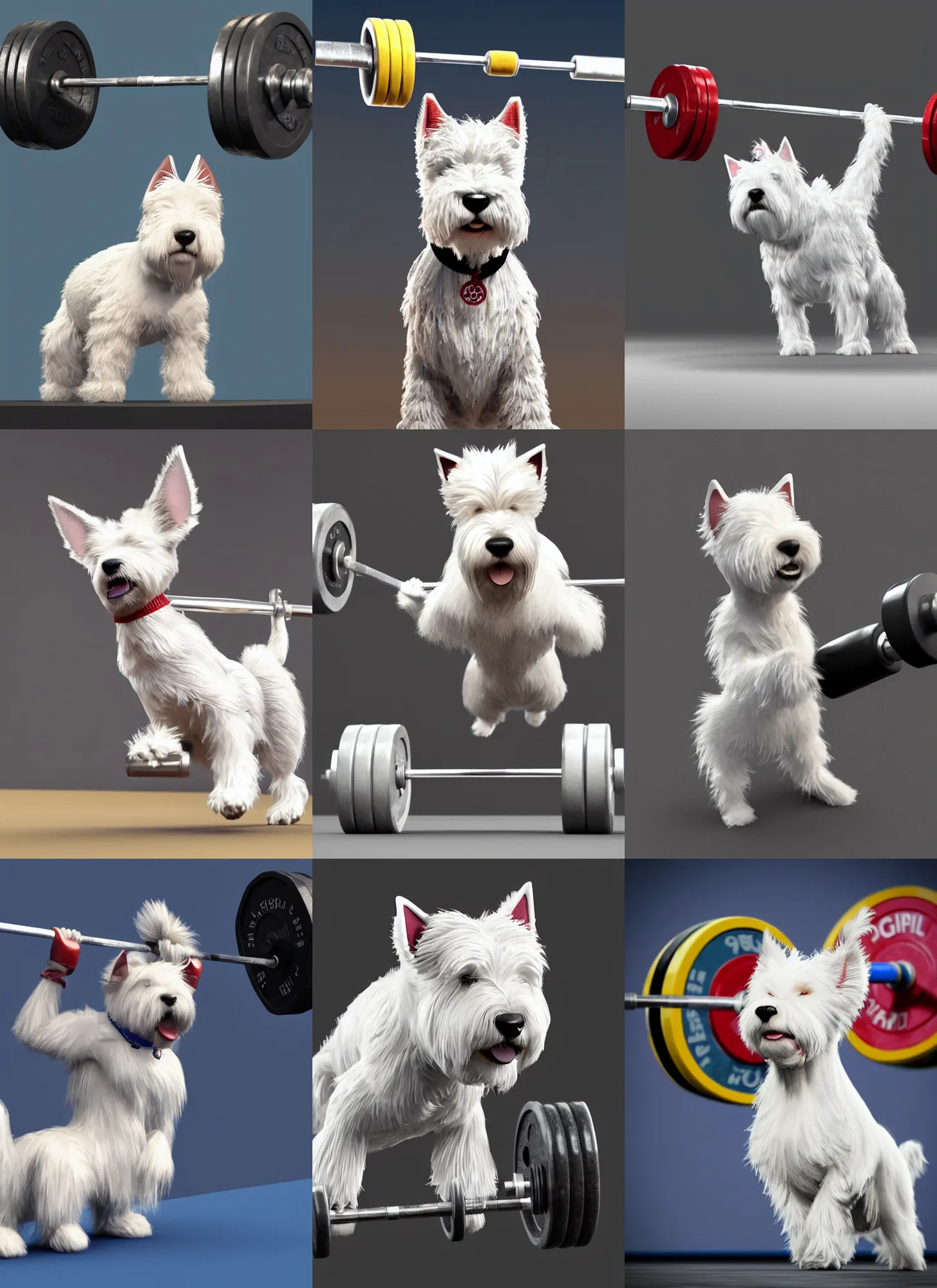 Prompt: high quality photo of an anthropomorphic west highland white terrier weightlifting barbell in olympic weightlifting competition, 3 d render, photo realistic, epic lighting, concept art, 4 k, artstation, cgsociety