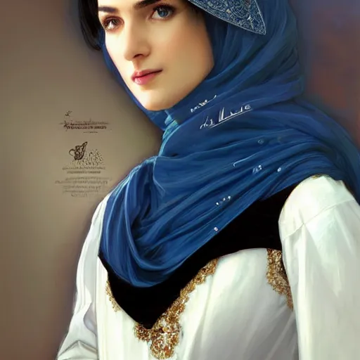 Image similar to modern Ameera al-Taweel, bright blue eyes, wavy black hair, white veil, highly detailed, digital painting, artstation, concept art, smooth, sharp focus, illustration, ArtStation, art by artgerm and greg rutkowski and alphonse mucha and J. C. Leyendecker and Edmund Blair Leighton and Katsuhiro Otomo and Geof Darrow and Phil hale and Ashley wood and Ilya repin and Charlie Bowater