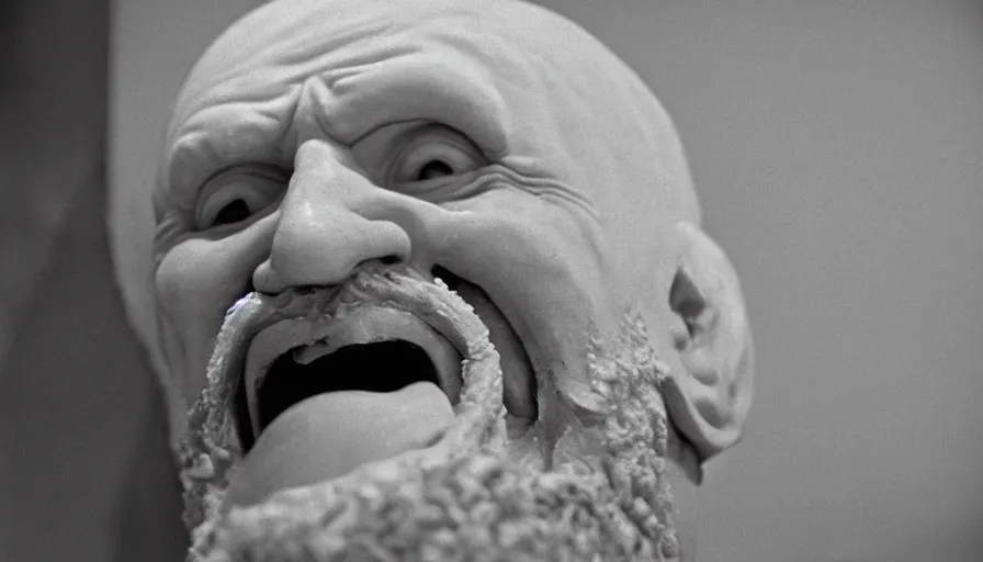 Prompt: 1 9 6 0 s movie still close - up of chrysippus of solis hysterically laughing on the floor jaw break in a neoclassical marble room, cinestill 8 0 0 t 3 5 mm b & w, high quality, heavy grain, high detail, dramatic light, anamorphic, detailed beard, by josef sudek