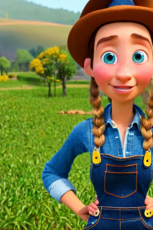 Prompt: complete view of the character design of a beautiful female young farmer with long brown braided hair and a beautiful face, wearing blue jean overalls, in the style of pixar, disney