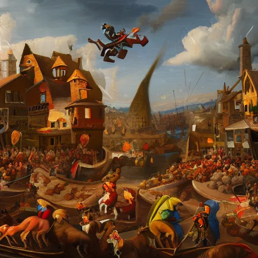 Prompt: a highly detailed oil painting of a giant dachshund smashing houses, renaissance, bystanders watching from the sides, 4 k, by ariduka 5 5, monokubo, artstation,