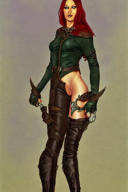 Prompt: Full body portrait of a beautiful female Half-Elf Rogue in high heeled leather boots in the style of Gerald Brom