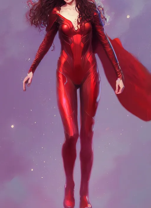 Prompt: Scarlet Witch, full body portrait, slight smile, highly detailed, digital painting, artstation, concept art, sharp focus, illustration, art by wlop and klimt and krenz cushart