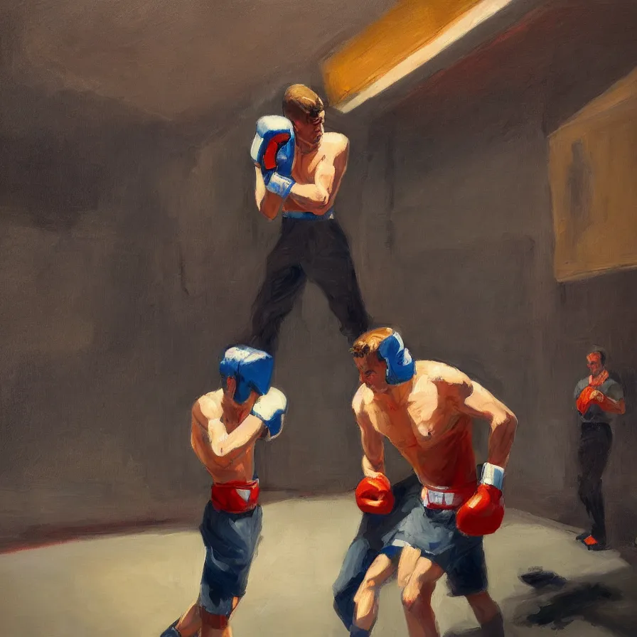 Image similar to a portrait of of boxing man, in the style of edward hopper, in the style of max ginsburg, realism, very small brushstrokes, cinematic lighting, moody, very aesthetic, boxing in an arena, big crowd in the back, flashing lights, 4 k,