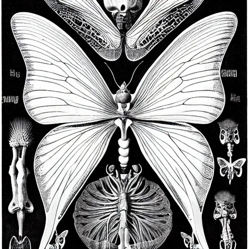 Prompt: Skeletal Butterfly detailed anatomical illustration by Ernst Haeckel, black and white, realistic vintage engraving, Art Nouveau, Ernst Haeckel, Memento Mori