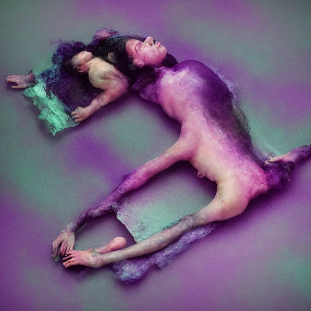 Prompt: cinestill of glitch iridiscent oil slick corpses connected by tubes to wax technical forms to a buried baby relaxing on yoga mat, faded, iridiscent gradient, purple fog, depth of field, blur, very detailed, by nadav kander and hans bellmer, 8 k, ultrarealistic, sad atmosphere, cinematic, 8 5 mm lens