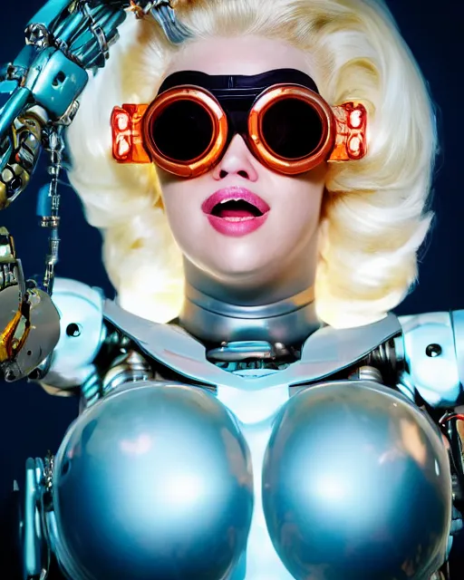 Image similar to centered portrait photo of amused young anna nicole smith as a solarpunk mecha humanoid robotic parts wearing goggles with bright lights, real human face, pudica pose, inside white room, ultra - realistic and detailed, 8 k