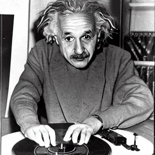 Image similar to photo of Albert Einstein DJing a record player, vintage, highly detailed facial features