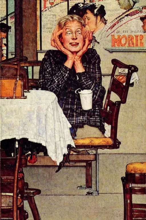 Prompt: a lazy!! woman! in her 3 0 s in a cafe!!! sitting on a bench!! by norman rockwell!!!