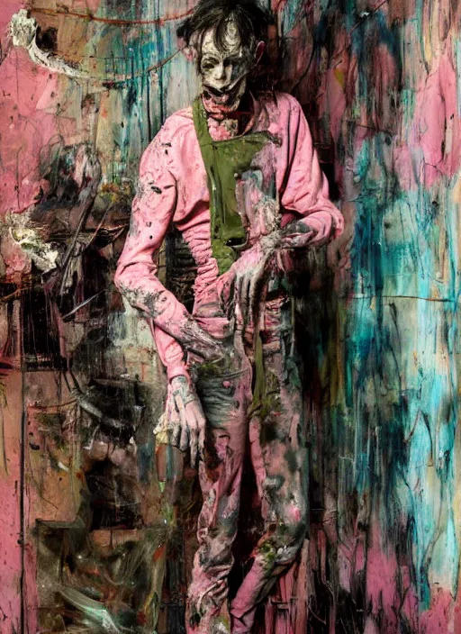 Prompt: an insane, skinny, artist wearing dirty, torn overalls, expressive painting, inside a grand messy studio, depth of field, hauntingly surreal, highly detailed oil painting, by francis bacon, adrian ghenie, glenn brown, soft light 4 k in pink, green and blue colour palette, cinematic composition, high quality octane render, masterpiece