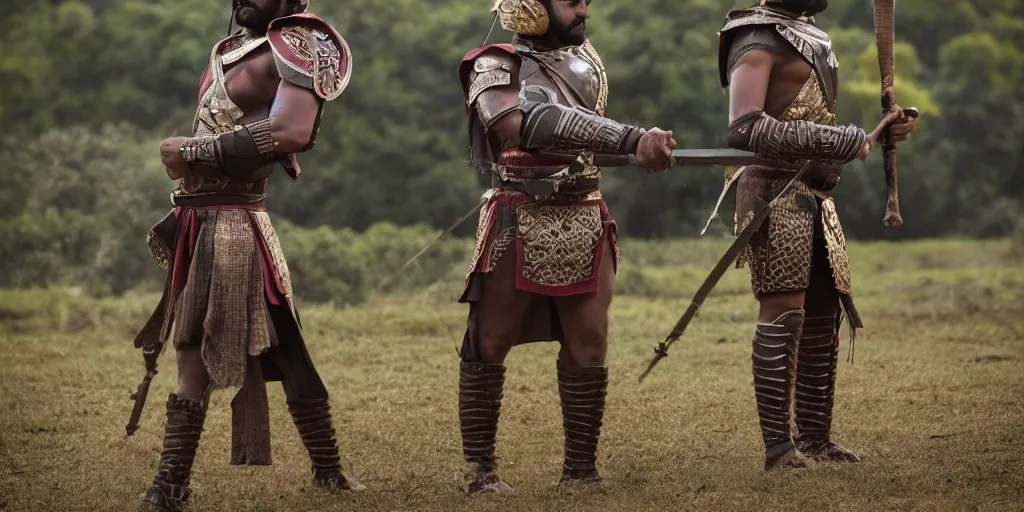Prompt: sri lankan spartan warrior. holding bow. wearing intricate breastplate. on a battlefield. award winning. cinematic still. sharp focus. cinematic lighting.