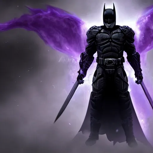 Image similar to character design, dark knight, purple lightning, purple mist, scary, photorealistic, unreal engine, ominous background-H 768