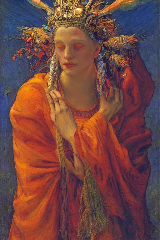 Image similar to queen of summer by Annie Swynnerton and Nicholas Roerich, strong dramatic cinematic lighting , ornate headdress , flowing robes, lost civilizations, smooth, sharp focus, extremely detailed